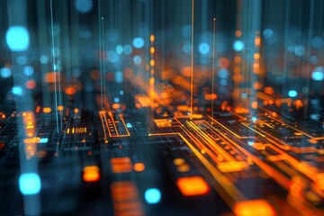 Circuit board abstraction with blue and orange light beams and bokeh effect