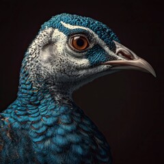 Closeup of a bird with blue white and brown feathers against a dark backdrop