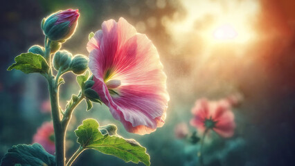 Hyperrealistic, detailed, high-res photo: close-up of pink hollyhock head, leaf, and bud in gentle breeze. Softly blurred, sunlit background. Banner, backdrop, space for text