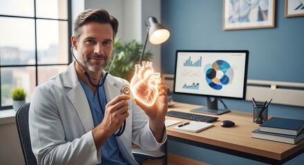 A male doctor in a white lab coat holds a glowing anatomical heart model while wearing a stethoscope, with a computer displaying charts in the background.