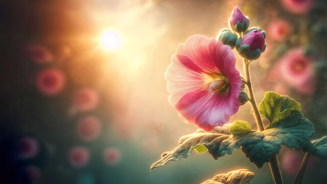 Hyperrealistic, detailed, high-res photo: close-up of pink hollyhock head, leaf, and bud in gentle breeze. Softly blurred, sunlit background. Banner, backdrop, space for text - Powered by Adobe