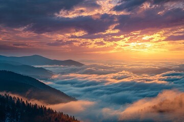 Dramatic sunrise over mountain peaks and fogfilled valleys