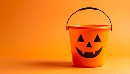 Bright orange plastic Halloween bucket with black handle, designed as a jack-o'-lantern featuring triangular eyes, nose, and a wide smile with square teeth—set against an orange gradient background to