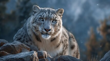 Fototapeta premium Snow leopard resting on rocks in mountain habitat