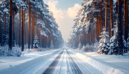 Scenic winter road through a snow-laden pine forest, tire tracks on the pristine white landscape under a clear sky.