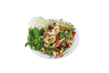 Som Tum: A culinary masterpiece presents a vibrant dish of Som Tum, meticulously prepared with fresh ingredients. Its diverse elements promise a symphony of flavors.