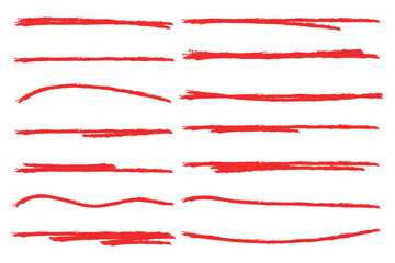 Red paint brush stroke lines and wave shapes collection. Hand drawn bold grunge borders with rough edges and textured ink effect. Artistic underline elements, abstract strokes for highlight