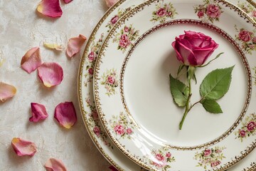 Floral plates stacked graced with a pink rose amidst scattered petals on a textured surface