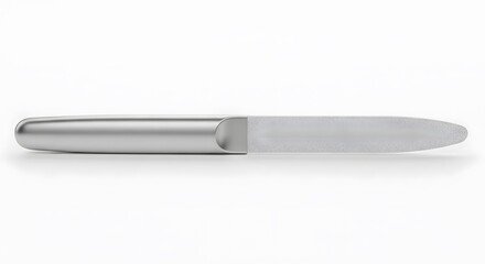 A sleek silver nail file with a rounded handle and a flat abrasive surface for grooming.