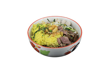 Noodle Dish: A beautifully arranged bowl of vibrant noodles topped with savory meat, herbs, and delectable dumplings, showcasing the culinary artistry and exquisite flavors within.
