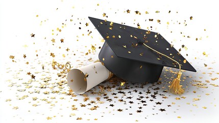 Graduation cap  diploma lay on a surface covered in gold stars and confetti against a white background