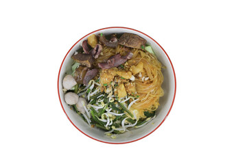 Bowl of Noodles: A top-down shot of a colorful noodle bowl, displaying a medley of flavors. It has noodle, meat, vegetables and spices. 