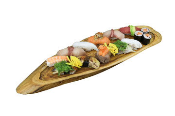 Sushi Assortment on Wooden Platter: A diverse selection of exquisitely crafted sushi pieces, showcasing culinary artistry and fresh ingredients, artfully arranged on an elegant wooden platter.