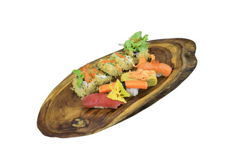 Sushi Platter Delight: An artistic presentation of freshly prepared sushi, meticulously arranged on a rustic wooden serving plate, inviting a delightful culinary experience.