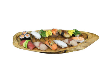 Sushi Platter: A delightful assortment of freshly crafted sushi arranged elegantly on a rustic wooden platter, showcasing the vibrant colors and textures of Japanese cuisine.