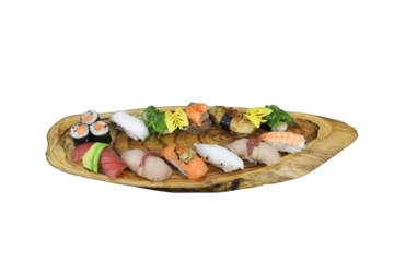 Sushi Platter: A delightful assortment of freshly crafted sushi arranged elegantly on a rustic wooden platter, showcasing the vibrant colors and textures of Japanese cuisine.