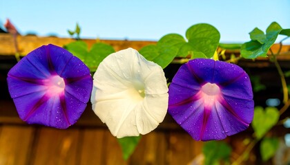 Three vibrant morning glories in various shades of blue and white
