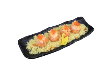 Sushi Delight: A visually stunning sushi presentation, featuring perfectly crafted rolls garnished with vibrant fish eggs and delicate details.