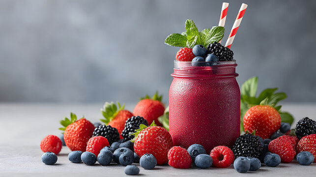 Berry smoothie glass jar mixed berry fresh mint paper straw condensation vibrant color healthy drink summer beverage studio shot Smoothie glass jar with mixed berry, fresh mint, and paper straw