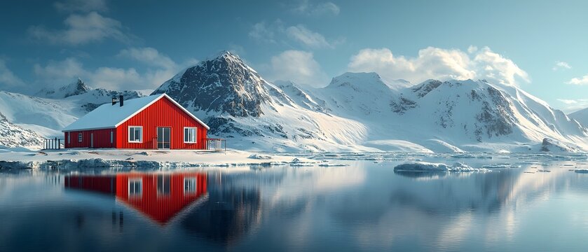 A vibrant red house stands in a serene snow covered Arctic landscape with dramatic mountains and reflective water