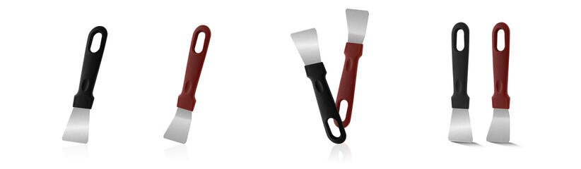 A collection of black and maroon putty knives with steel blades, captured in dynamic compositions, highlight these essential home repair and construction tools.