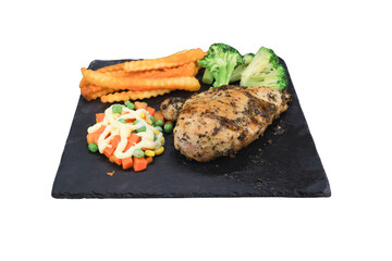 Grilled Chicken Dish with Fries and Salad: A tempting shot of a single grilled chicken breast, perfectly seasoned and cooked, is served with golden fries, fresh broccoli florets.