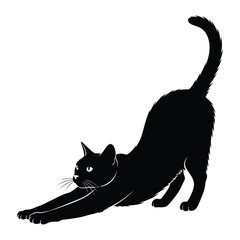 Graceful Black Cat Silhouette: A striking silhouette captures a black cat gracefully stretching, its form beautifully defined against a backdrop of simplicity.