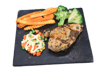 Delicious Grilled Chicken Meal: An appetizing plate showcases a perfectly grilled chicken breast, accompanied by crisp French fries, vibrant broccoli florets, and a colorful vegetable medley.