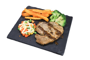 Gourmet Plate: A culinary masterpiece featuring a perfectly grilled steak with delicate grill marks, accompanied by a vibrant array of sides, inviting a delightful dining experience.