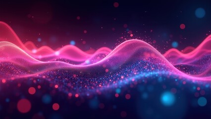 Abstract waves of glowing neon particles undulating like an endless ocean of digital information. Smooth motion creates a futuristic, sci-fi-inspired visualization of quantum data streams