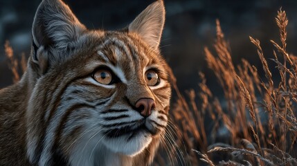 Obraz premium Bobcat observing environment during golden hour