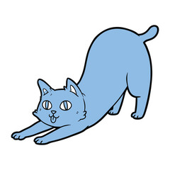 Stretching cartoon cat: A playful blue cartoon cat, captured in a lively pose, stretching and arching its back, showcasing its cheerful spirit.