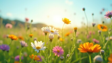 Fototapeta premium Vibrant pink and orange wildflowers blooming in a sunny meadow with a single pink flower against a soft blue sky background concept of floristry gardening spring celebration
