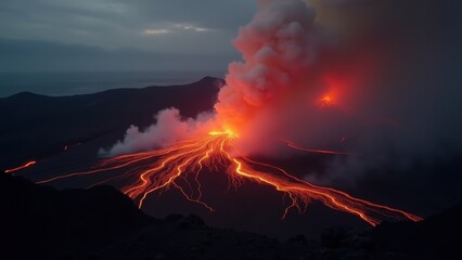 Fototapeta premium river of molten lava flowing through a rugged volcanic landscape, winding between dark cliffs under a smoky sky with glowing eruptions, dramatic twilight hues, concept of geology research