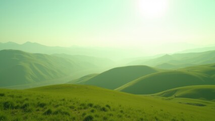 Obraz premium Rolling green hills stretching under a soft sunrise, layered with misty mountains and lush valleys in a serene countryside, bright open sky, concept of travel agency, eco tourism, nature photography