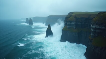 powerful ocean waves crashing against dramatic high sea cliffs with misty atmosphere and rugged coastline under cloudy sky creating a wild seascape scene concept of travel agency, adventure tourism