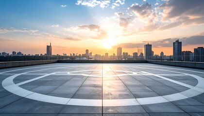 Rooftop helipad with city skyline at sunset. Modern urban landscape with dramatic sky and expansive view.