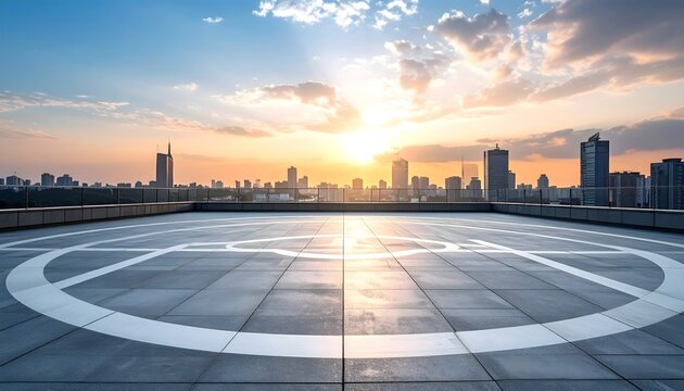 Rooftop helipad with city skyline at sunset. Modern urban landscape with dramatic sky and expansive view.