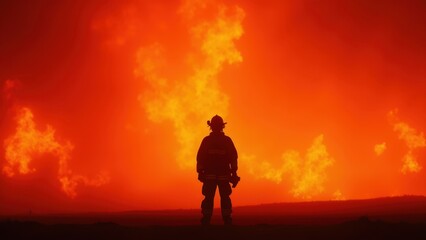 Fototapeta premium A dynamic scene of a firefighter in full gear battling blazing flames on a city street, smoke billowing behind him. The dramatic lighting emphasizes his determined expression 