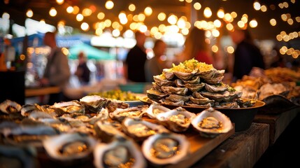 Fresh Oysters Displayed at Outdoor Market Night