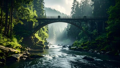 Historic Stone Arch Bridge Over Forest River with Sun Rays Through Misty Green Trees