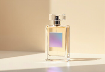  A bottle of perfume with a white square on the bottom