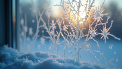 Macro shot capturing the delicate, natural patterns of frost crystals forming on a window. The intricate, lace-like ice formations glisten in the soft early morning light, creating a winter pattern