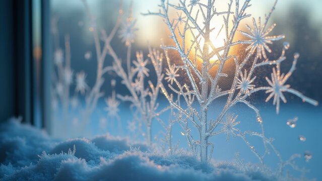 Macro shot capturing the delicate, natural patterns of frost crystals forming on a window. The intricate, lace-like ice formations glisten in the soft early morning light, creating a winter pattern - Powered by Adobe