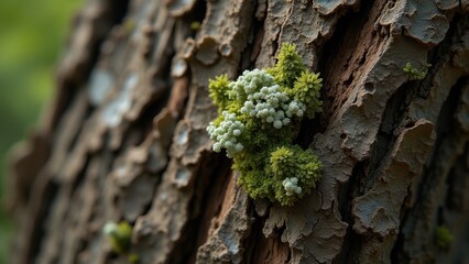 A close up detail of tree bark with vibrant green and white moss and lichen growing on its textured surface, concept of botany, ecology, nature photography, forest preservation, natural patterns