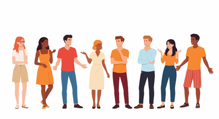 Fototapeta premium Line of young people standing and talking, flat cartoon character set isolated on white background