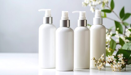 Three white lotion bottles on a table, with flowers and leaves