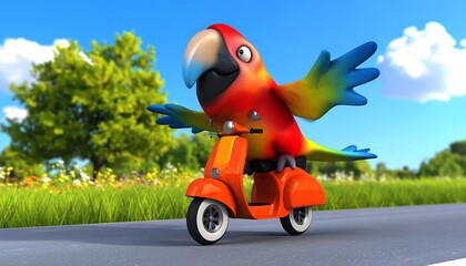 Colorful parrot on a scooter