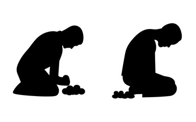 Obraz premium Two silhouettes of people kneeling with heads bowed and hands near small piles of dark objects on white