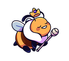 Funny queen bee with crown holds dipper for tasty honey, flies. Cute king of honeybees is flying. Monarch, royal bumblebee. Happy baby insect. Flat isolated vector illustration on white background